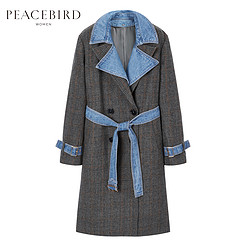 PEACEBIRD 太平鸟 牛仔拼接格纹毛呢大衣