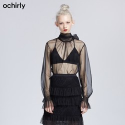 ochirly 欧时力 1GY4012930 冬装飘带束口袖透视网纱罩衫衬衫女